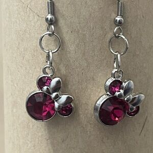 Silver Bow Dangle Earrings with Fuchsia Crystals - Women Jewelry
